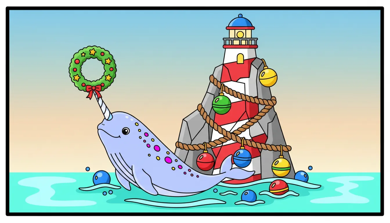 Calm polar scene with narwhal lighthouse and ornaments coloring page to print