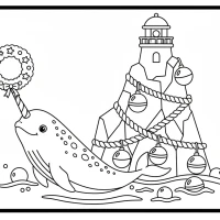 Calm polar scene with narwhal lighthouse and ornaments