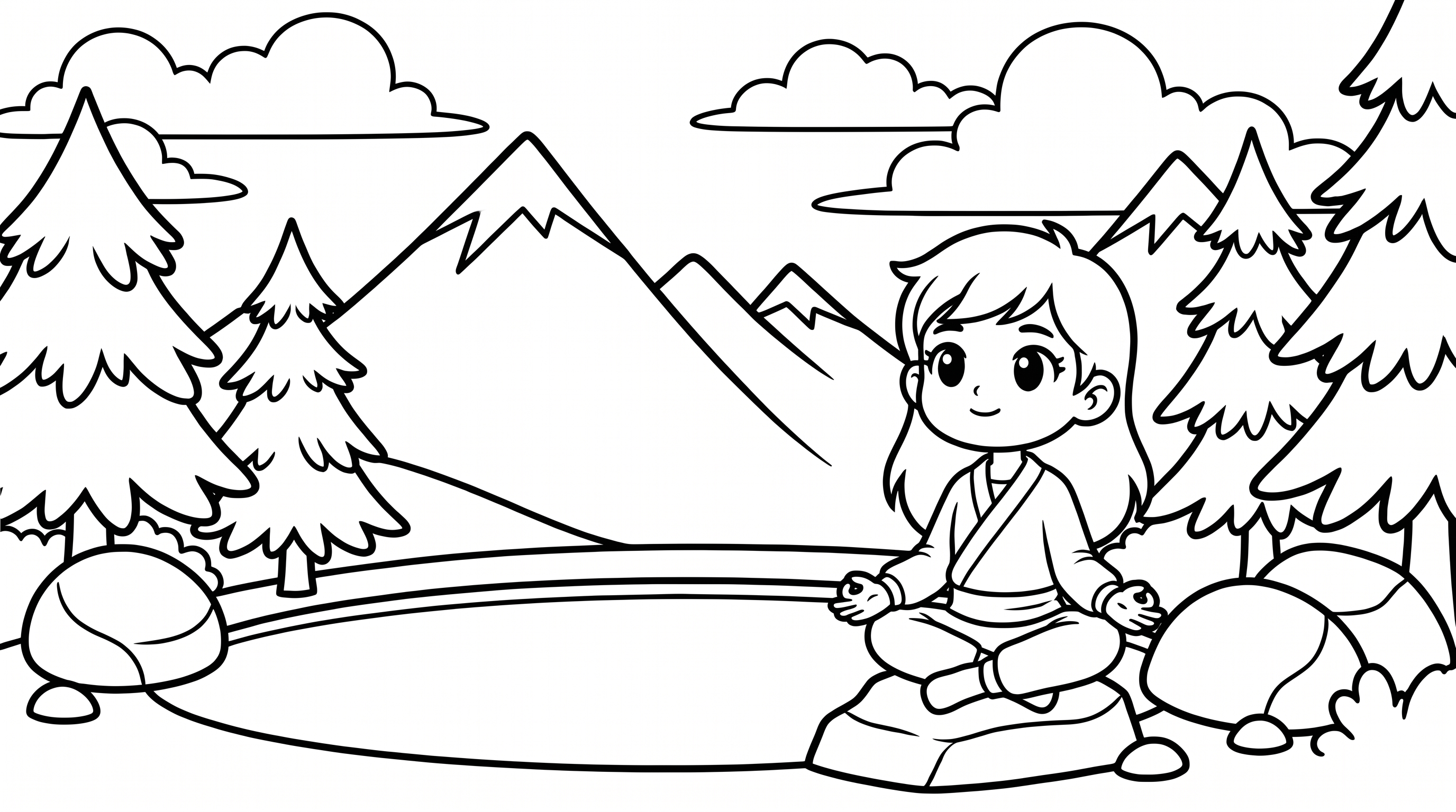 quiet meditation scene by mountain lake coloring page to print