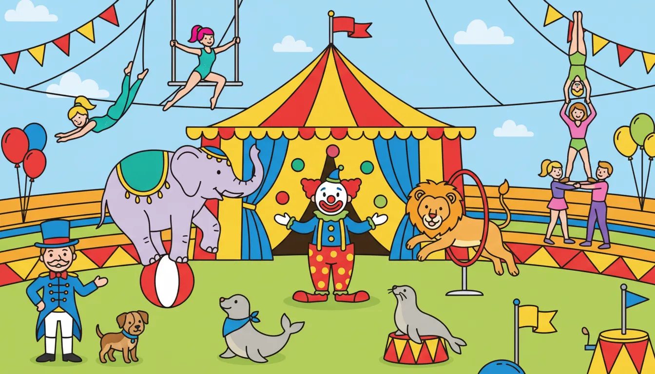 lively circus scene with acrobats clowns and animals coloring page to print