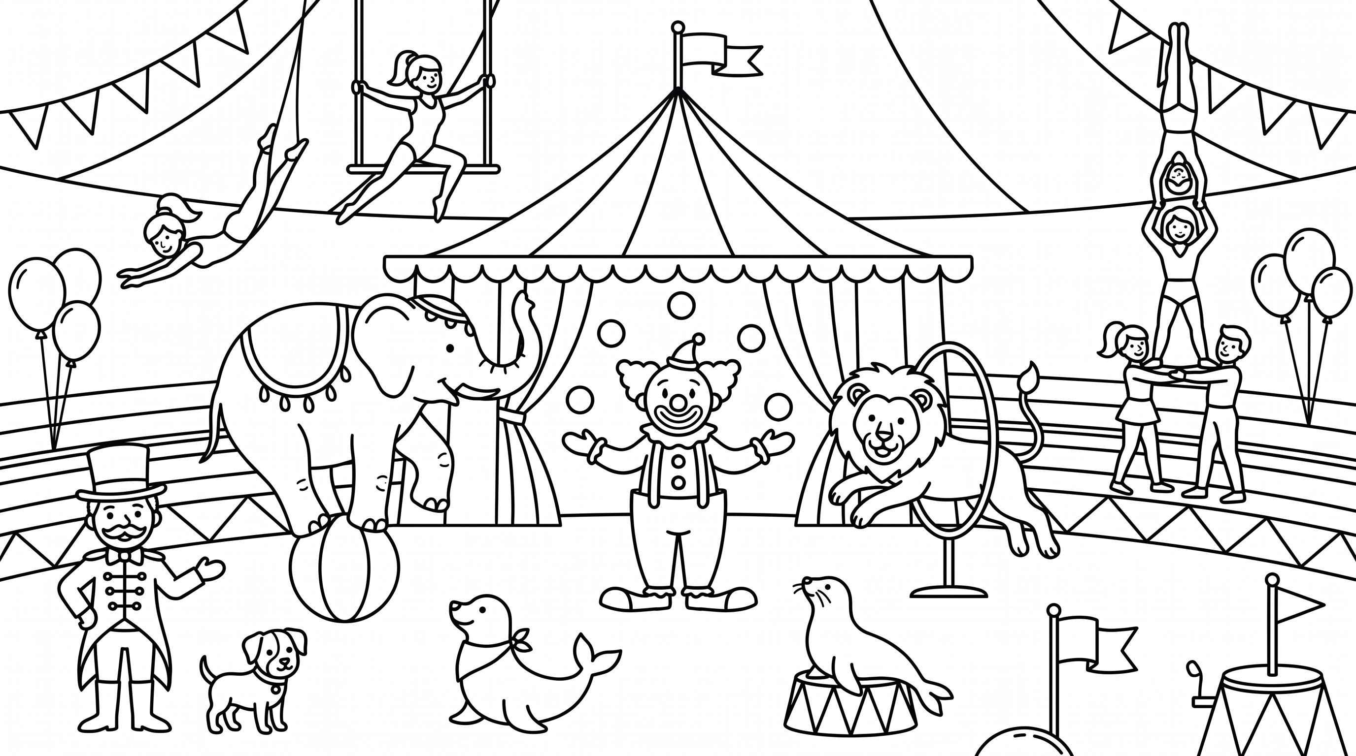 lively circus scene with acrobats clowns and animals coloring page to print
