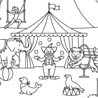 lively circus scene with acrobats clowns and animals