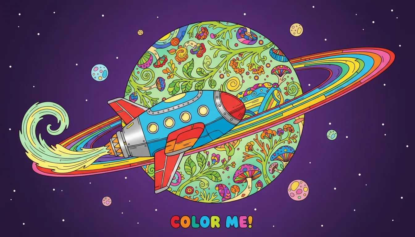 Spaceship flying past a ringed planet coloring page to print