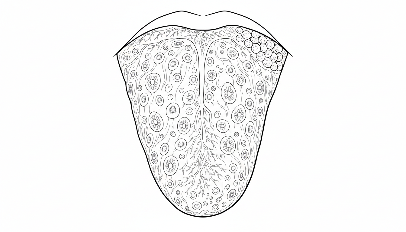 Human tongue with taste buds and texture coloring page to print