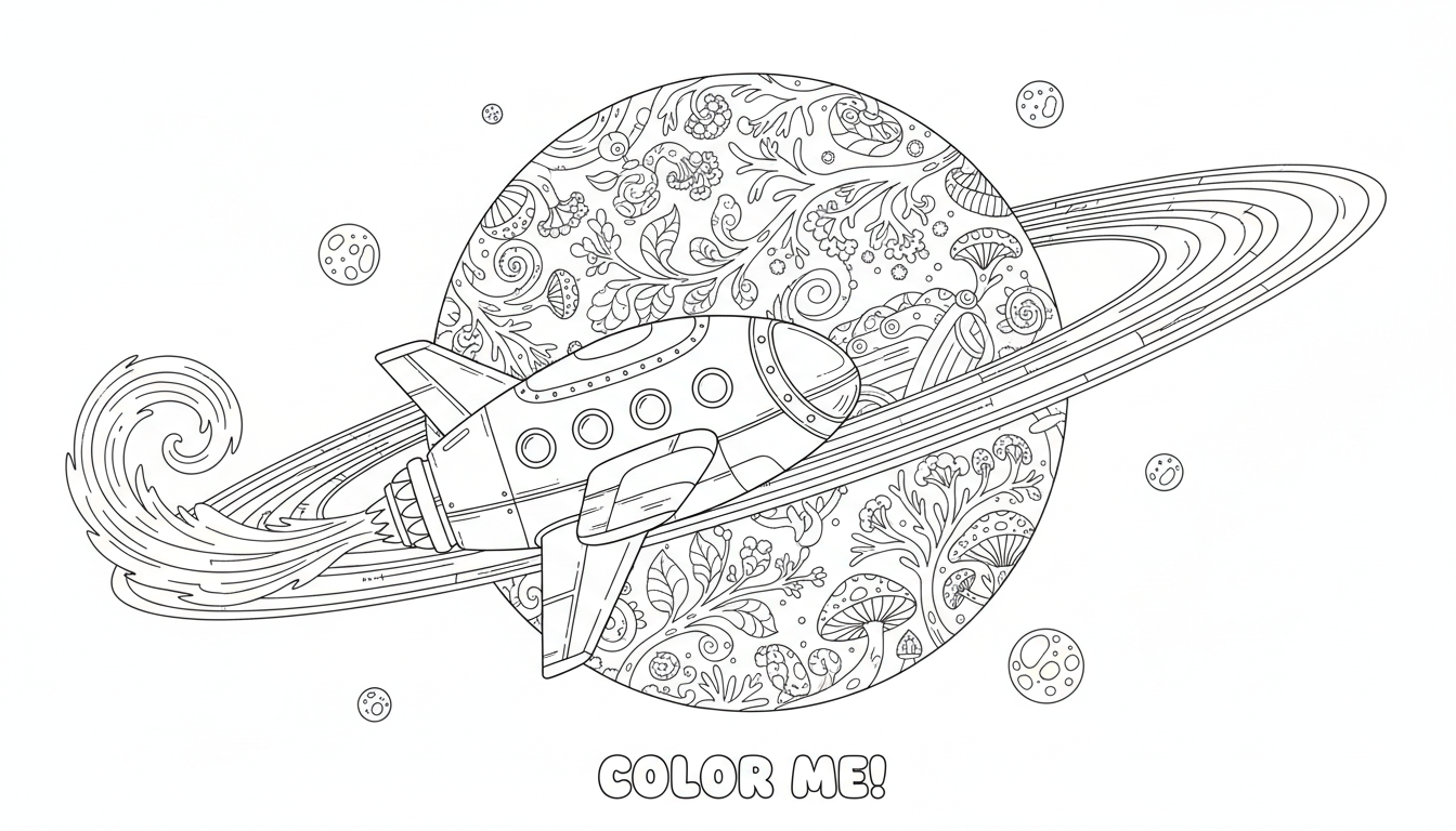 Spaceship flying past a ringed planet coloring page to print