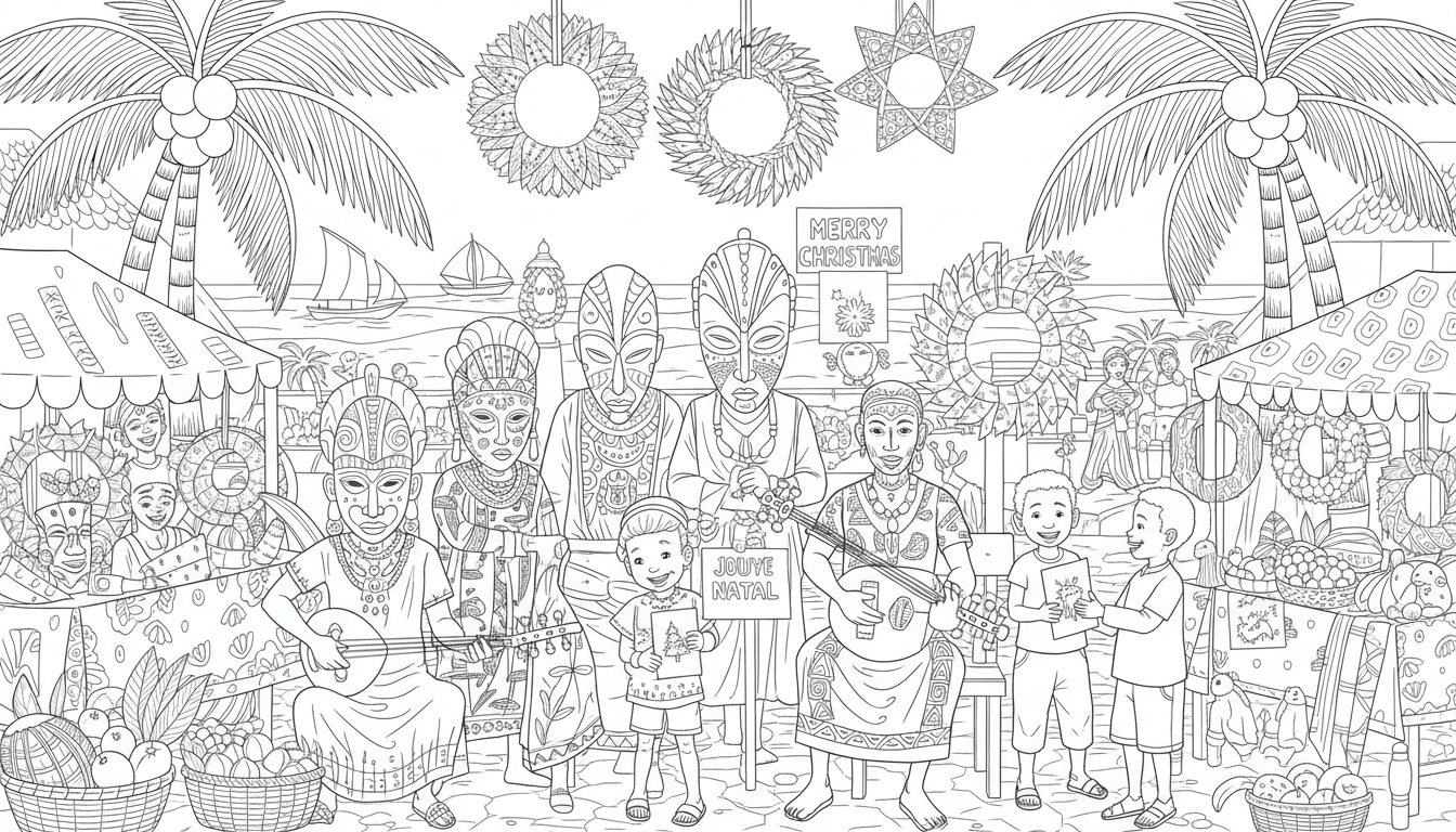 Christmas in West African coastal town square coloring page to print