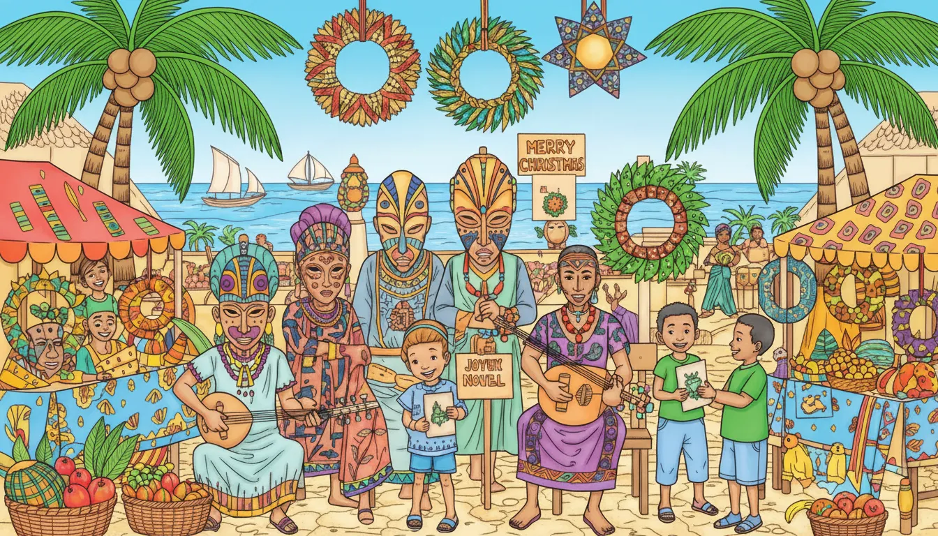 Christmas in West African coastal town square coloring page to print