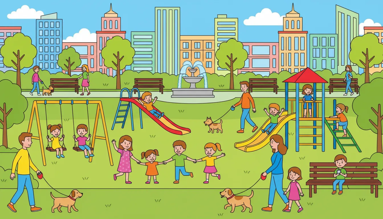 A busy city park with children playing and parents walking dogs. coloring page to print