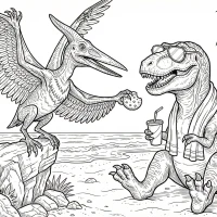 A bird and a dinosaur are sharing a snack.