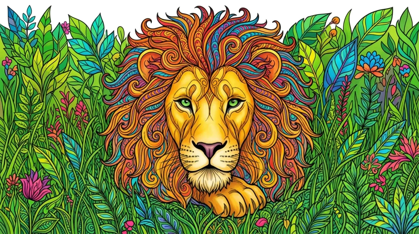 A detailed portrait of a lion with a majestic mane resting in the grass. coloring page to print