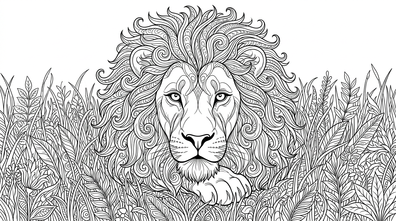 A detailed portrait of a lion with a majestic mane resting in the grass. coloring page to print