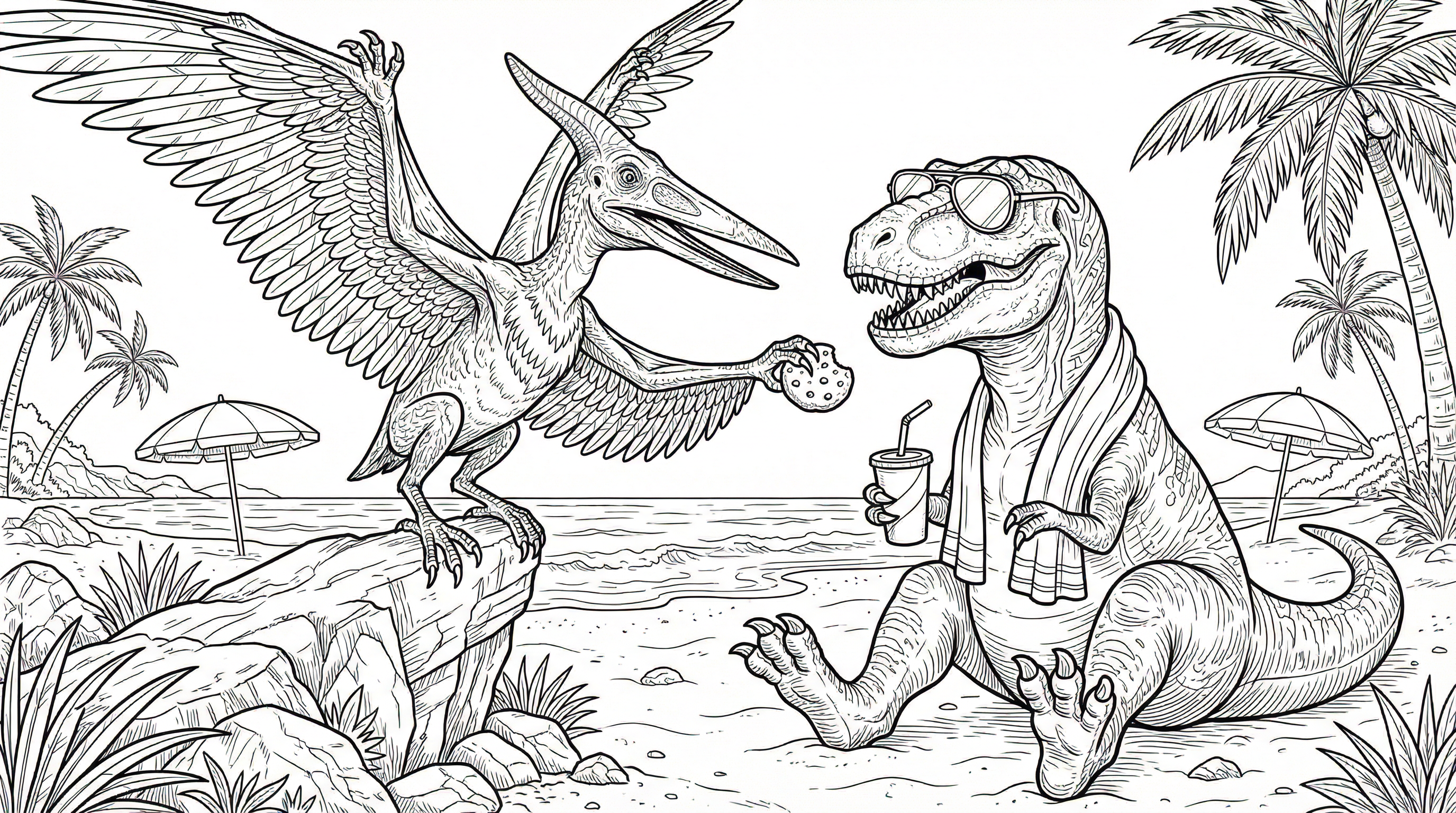 A bird and a dinosaur are sharing a snack. coloring page to print