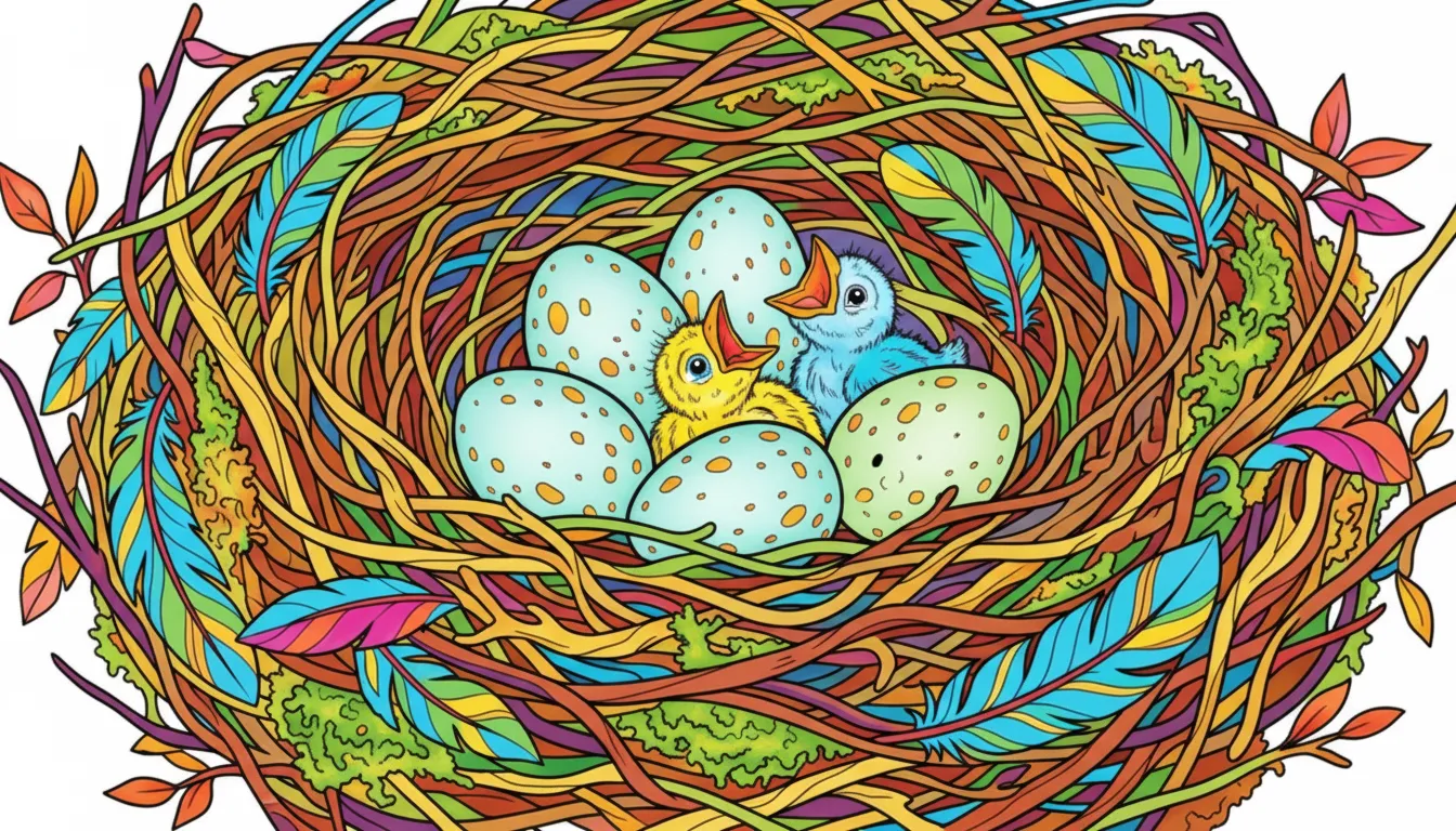 Bird nest with eggs and hatchlings coloring page to print