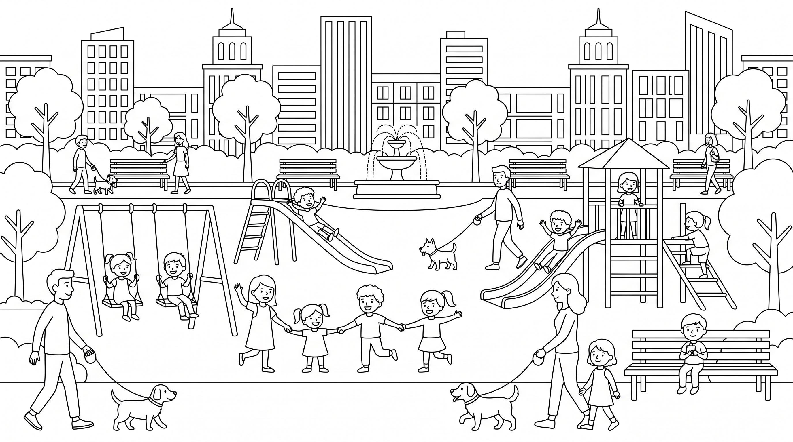 A busy city park with children playing and parents walking dogs. coloring page to print