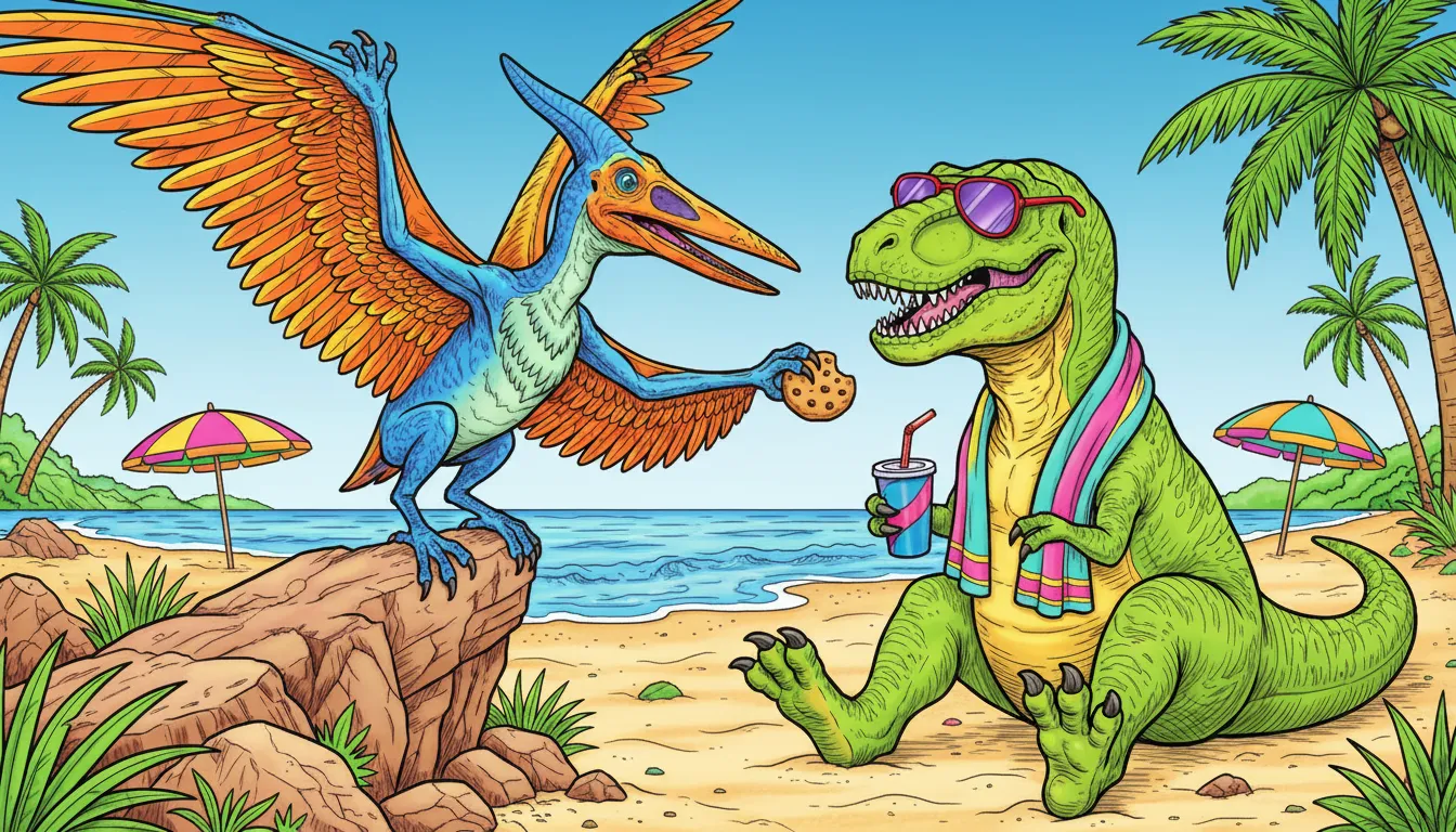 A bird and a dinosaur are sharing a snack. coloring page to print