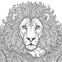 A detailed portrait of a lion with a majestic mane resting in the grass.