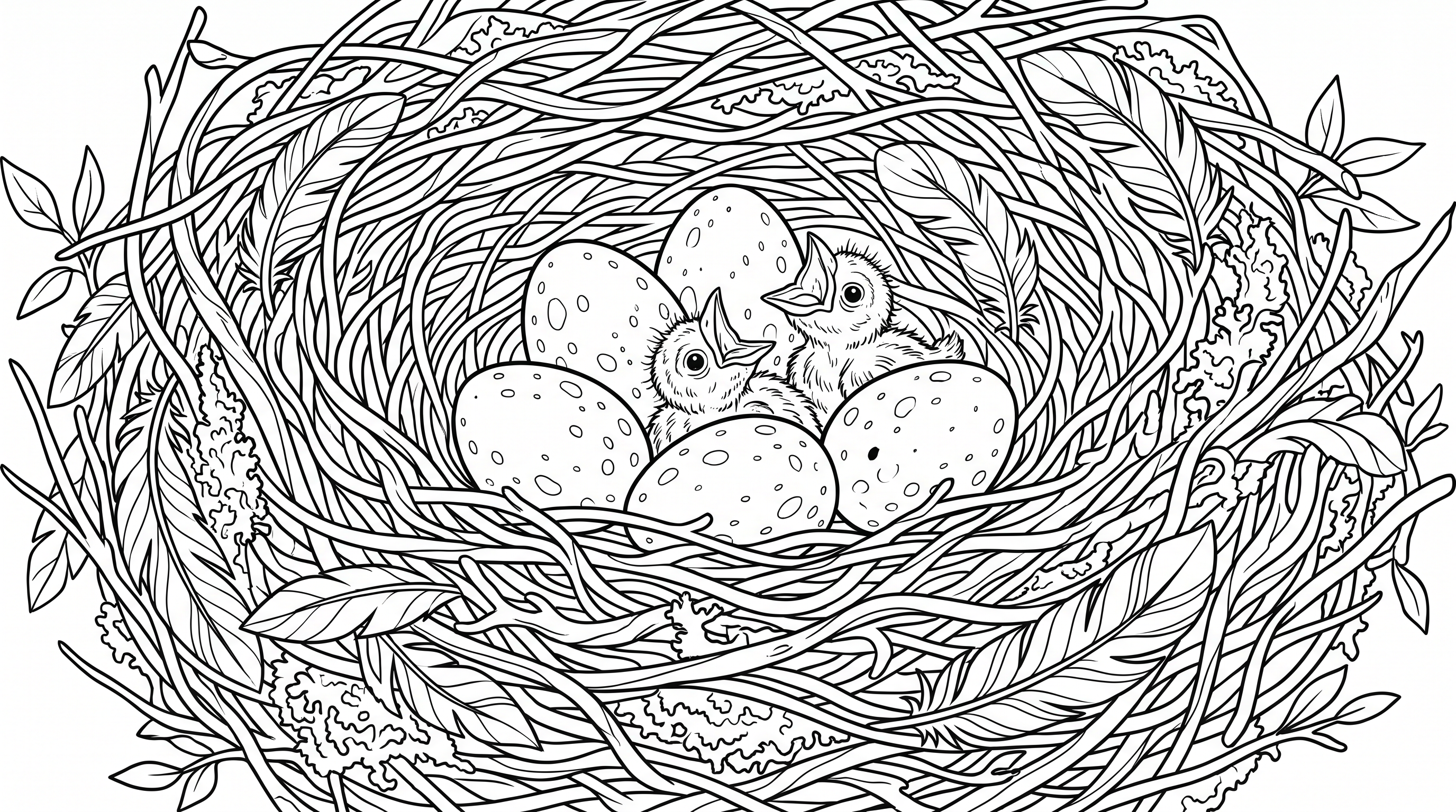 Bird nest with eggs and hatchlings coloring page to print