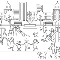 A busy city park with children playing and parents walking dogs.