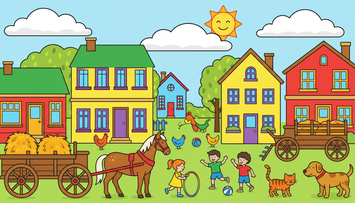 busy village street scene with carts children and animals coloring page to print