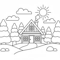 Cozy mountain cabin with pine trees and snow