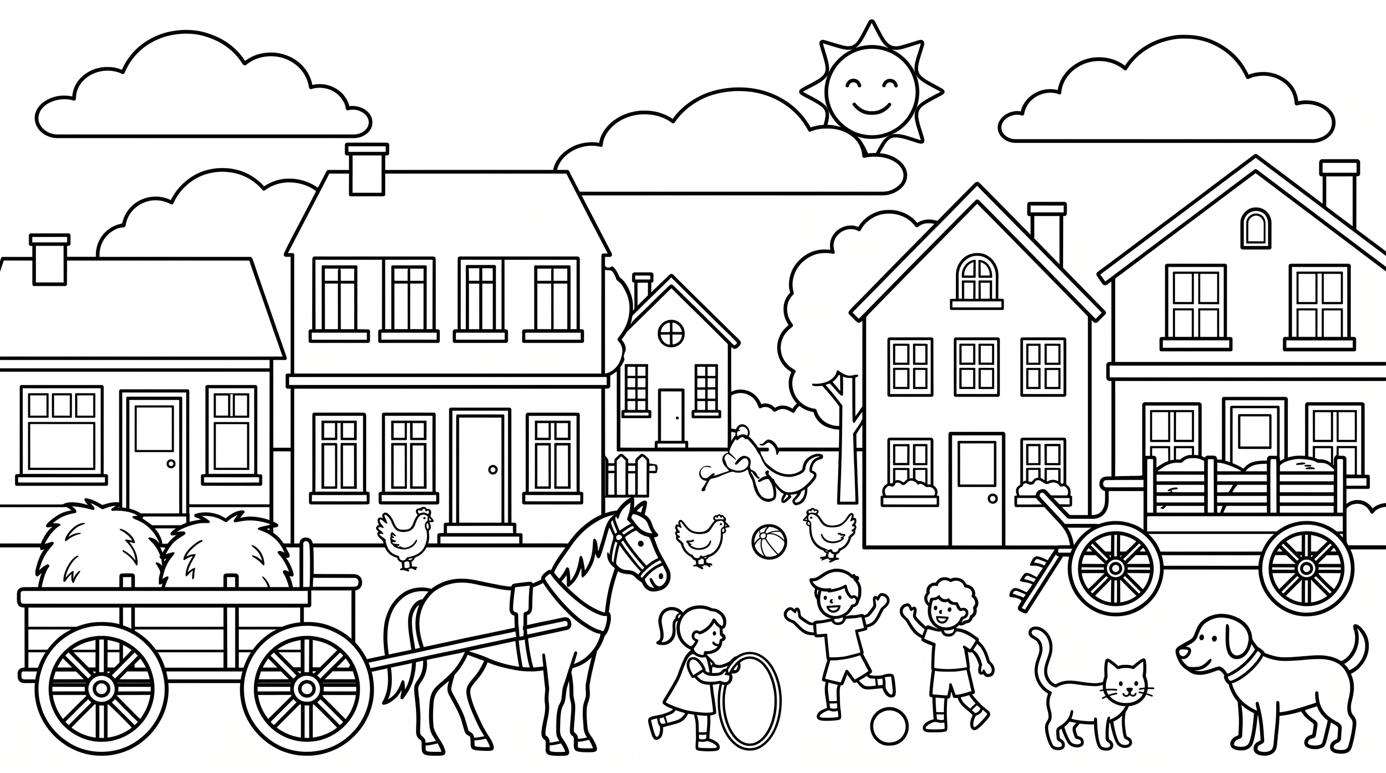 busy village street scene with carts children and animals coloring page to print