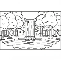 A beautiful waterfall flowing into a clear lake surrounded by trees.