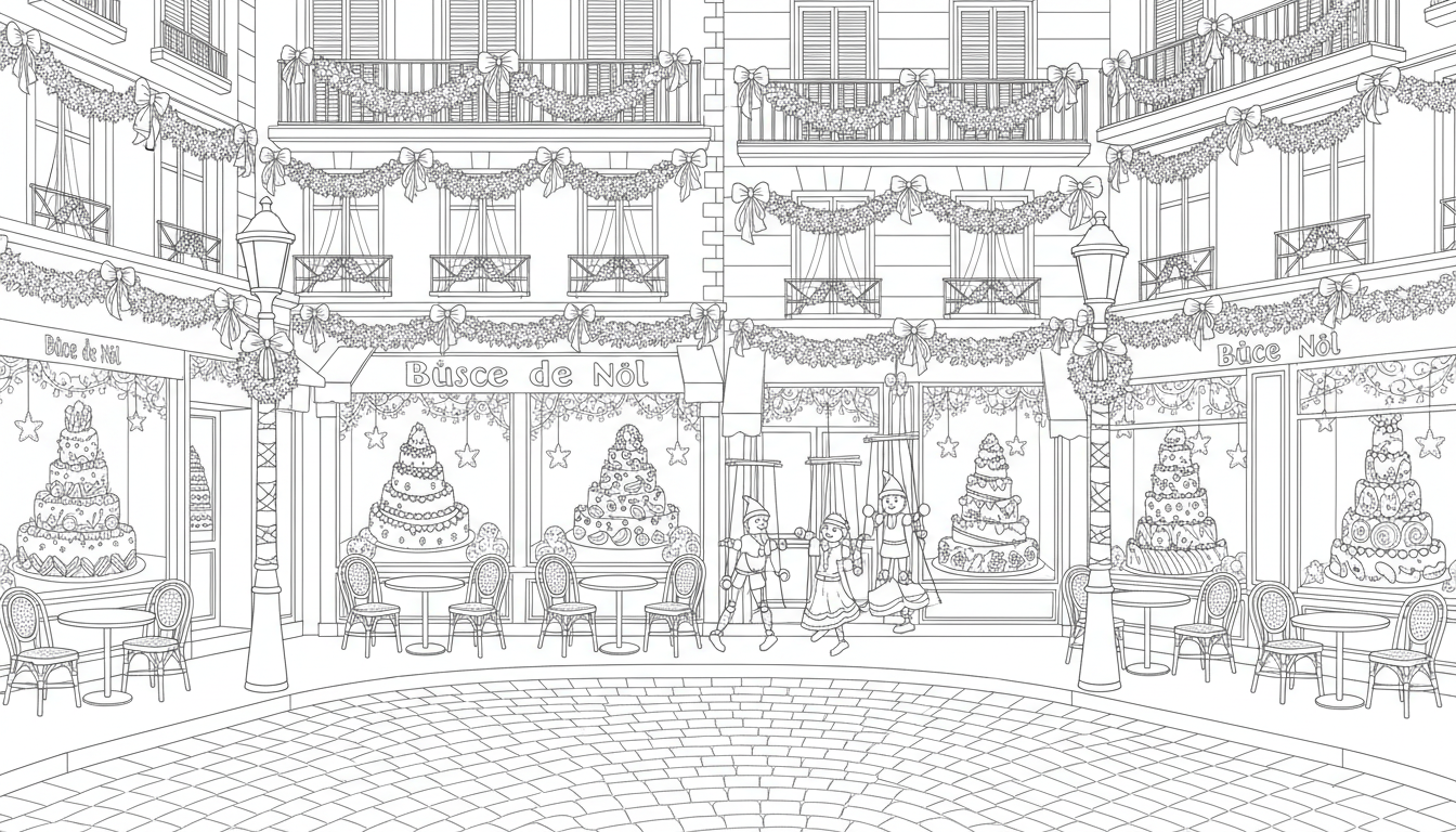 Christmas in Parisian boulevard with cafés and marionettes coloring page to print