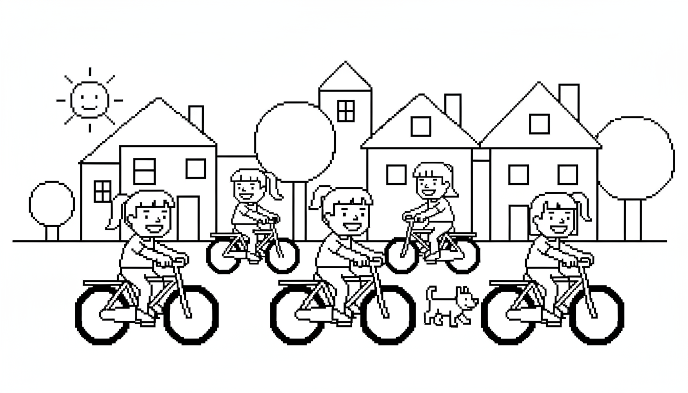 Children riding bikes in neighborhood scene coloring page to print