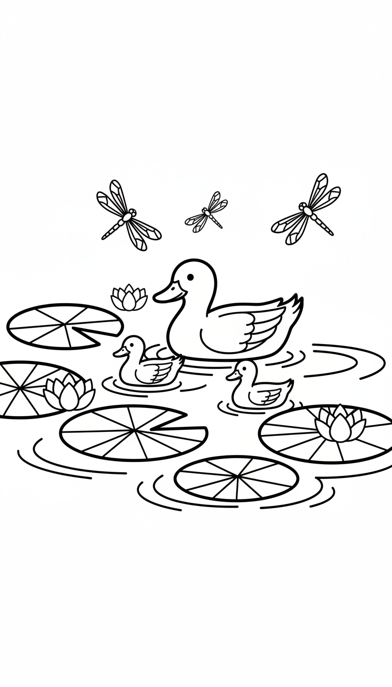 family of ducks in pond with lilies and dragonflies coloring page to print