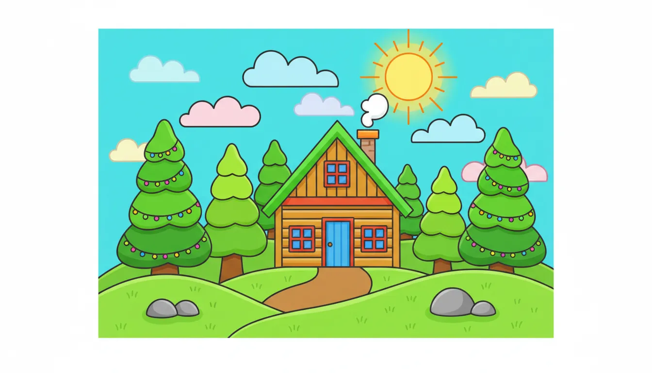 Cozy mountain cabin with pine trees and snow coloring page to print