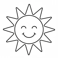 A simple drawing of a smiling sun with big rays.