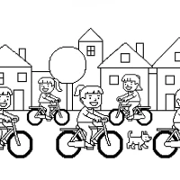 Children riding bikes in neighborhood scene