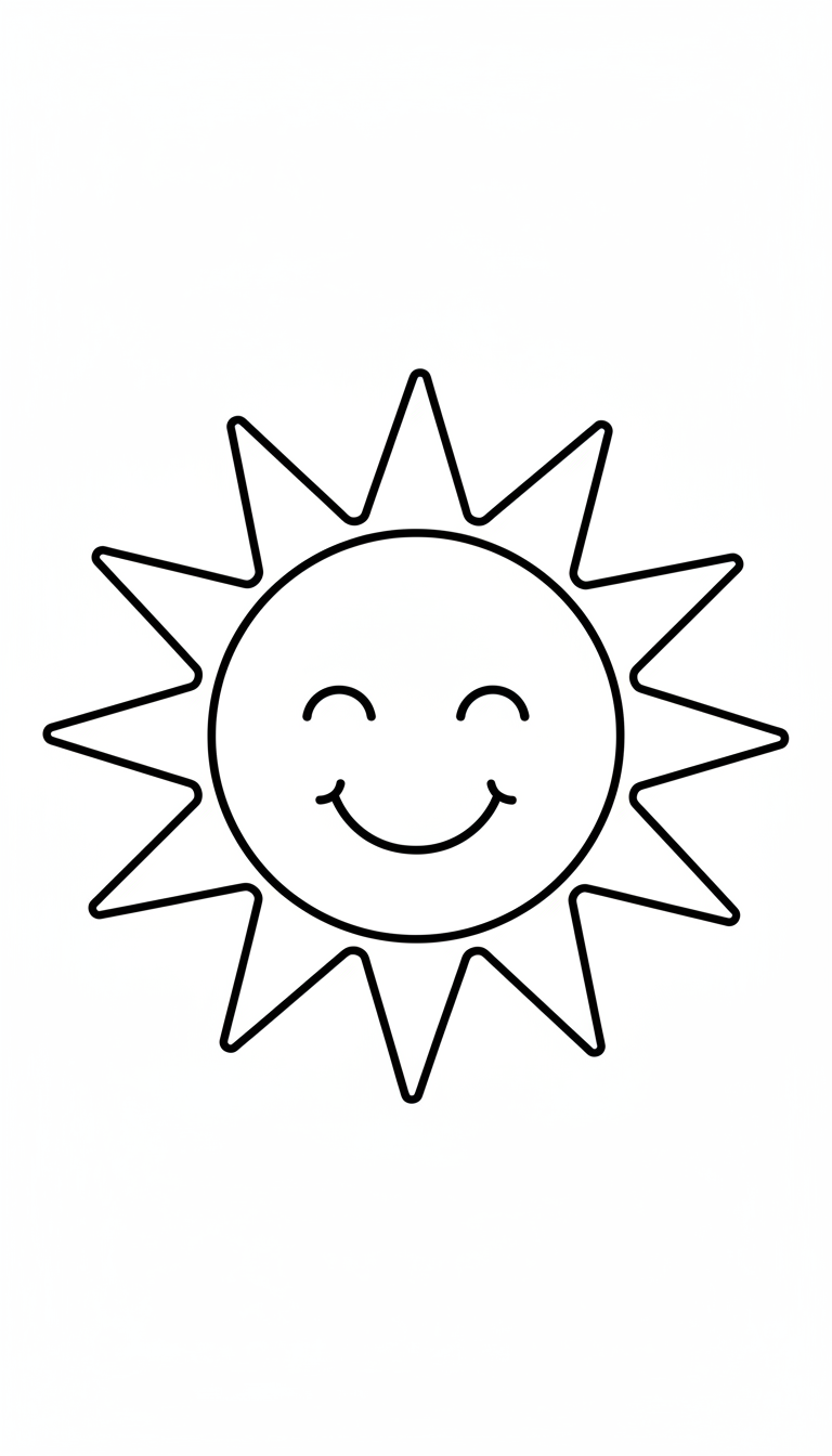 A simple drawing of a smiling sun with big rays. coloring page to print