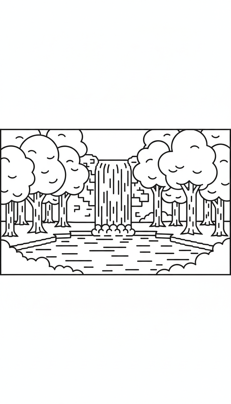 A beautiful waterfall flowing into a clear lake surrounded by trees. coloring page to print