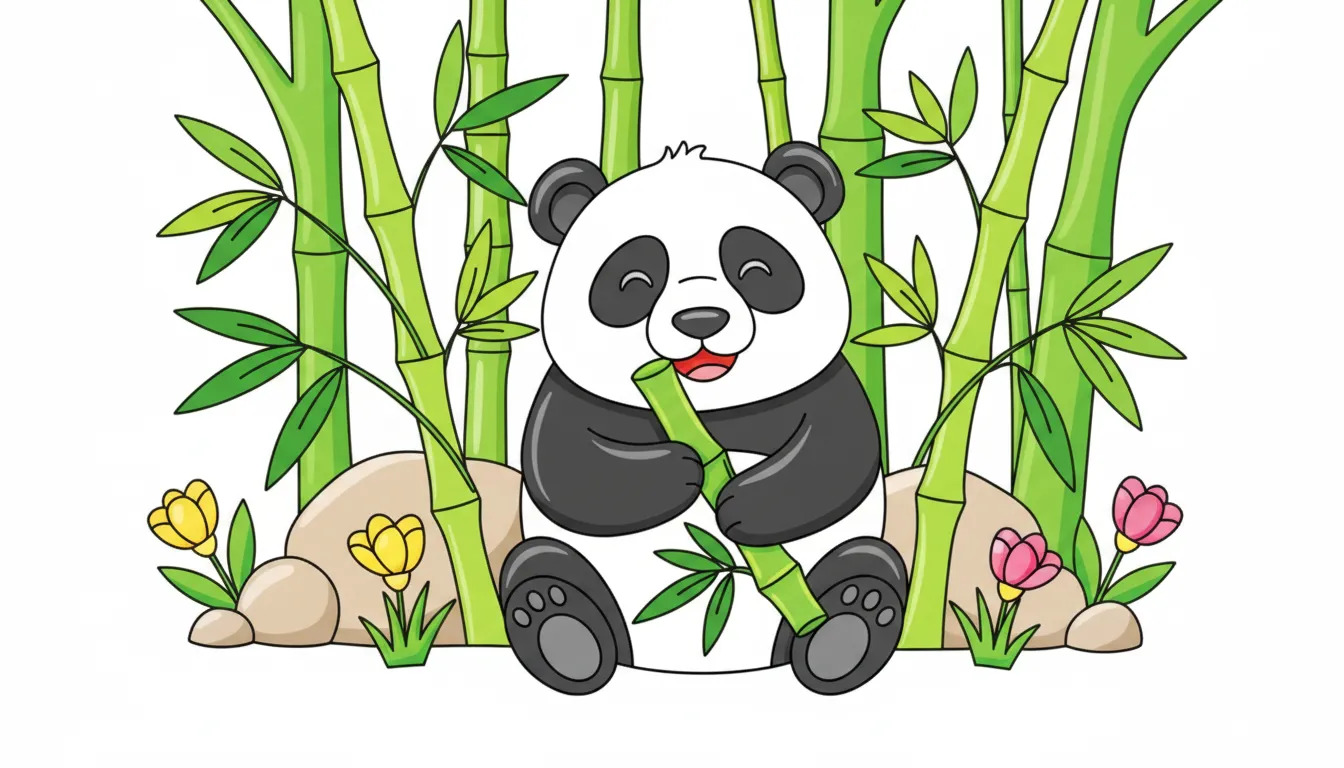 Playful panda eating bamboo in forest coloring page to print