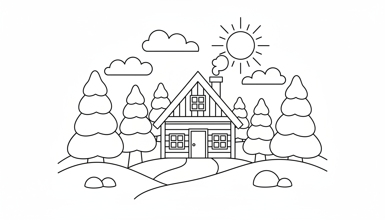 Cozy mountain cabin with pine trees and snow coloring page to print