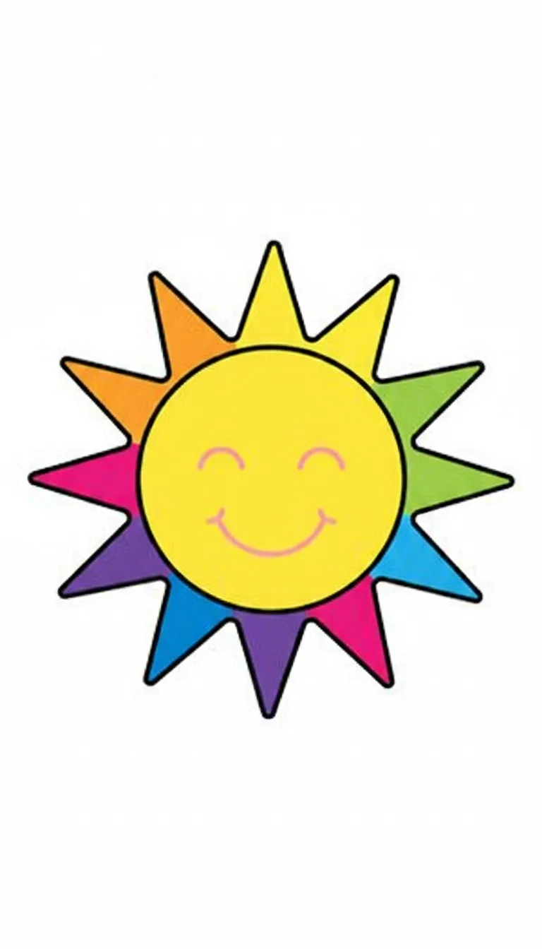 A simple drawing of a smiling sun with big rays. coloring page to print