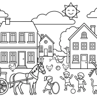 busy village street scene with carts children and animals