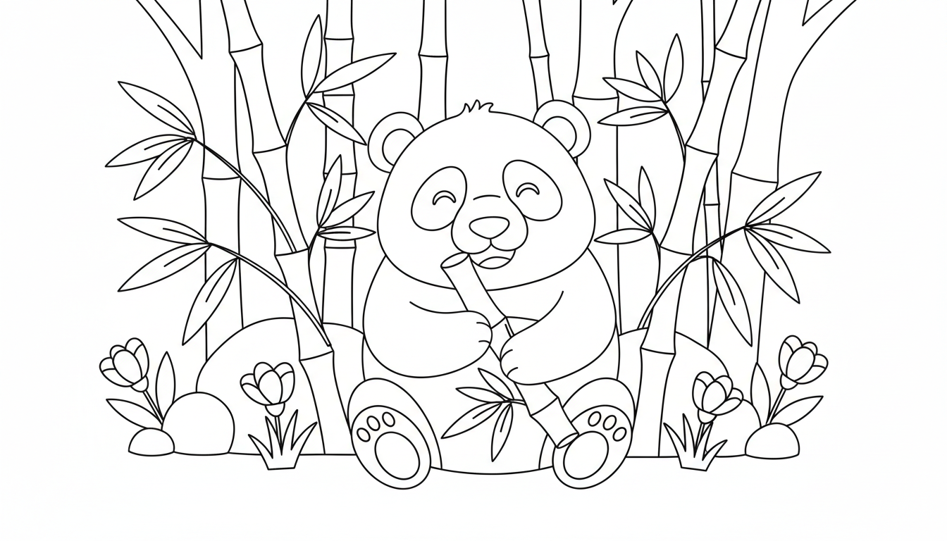 Playful panda eating bamboo in forest coloring page to print