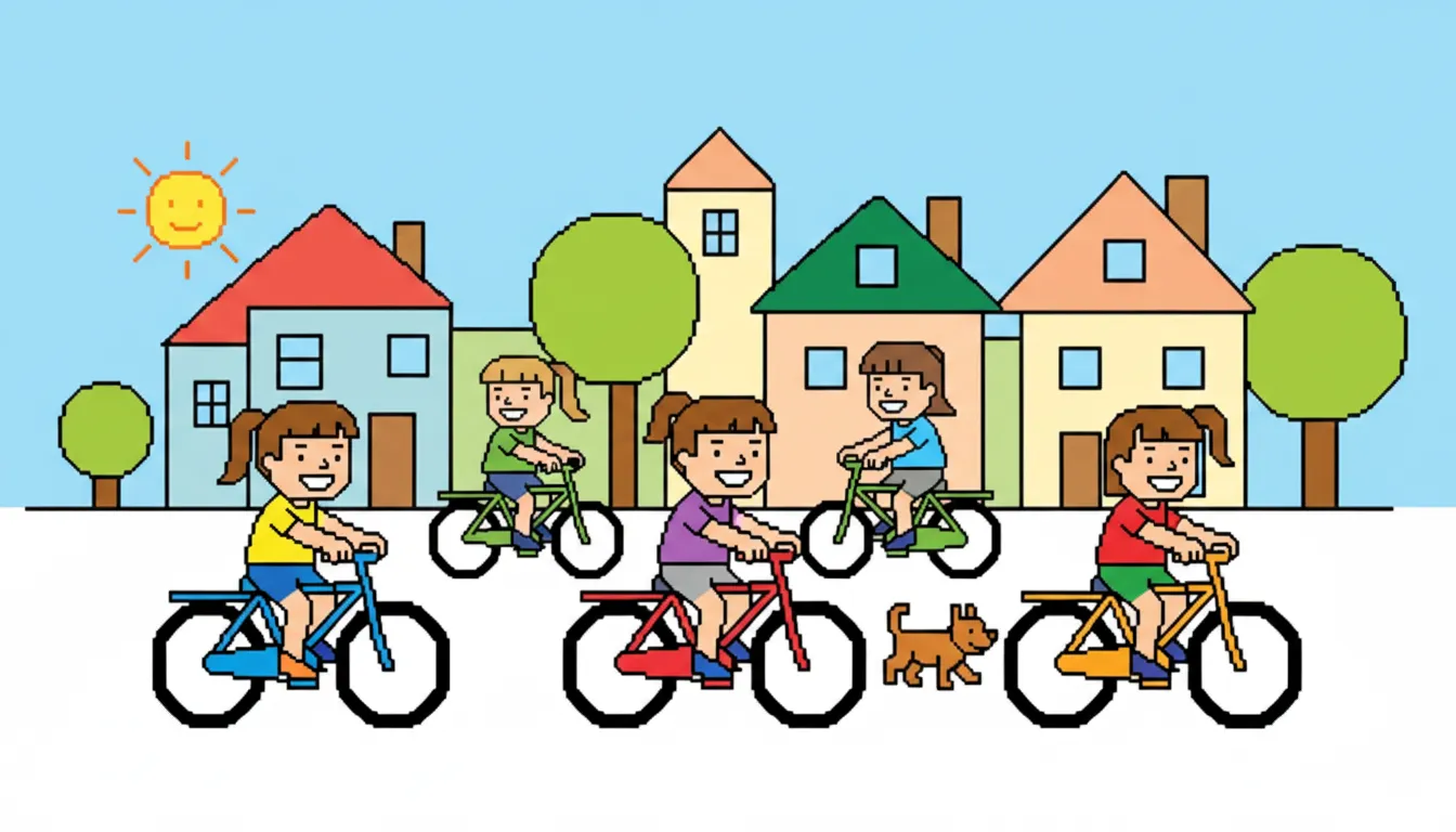 Children riding bikes in neighborhood scene coloring page to print