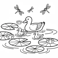 family of ducks in pond with lilies and dragonflies