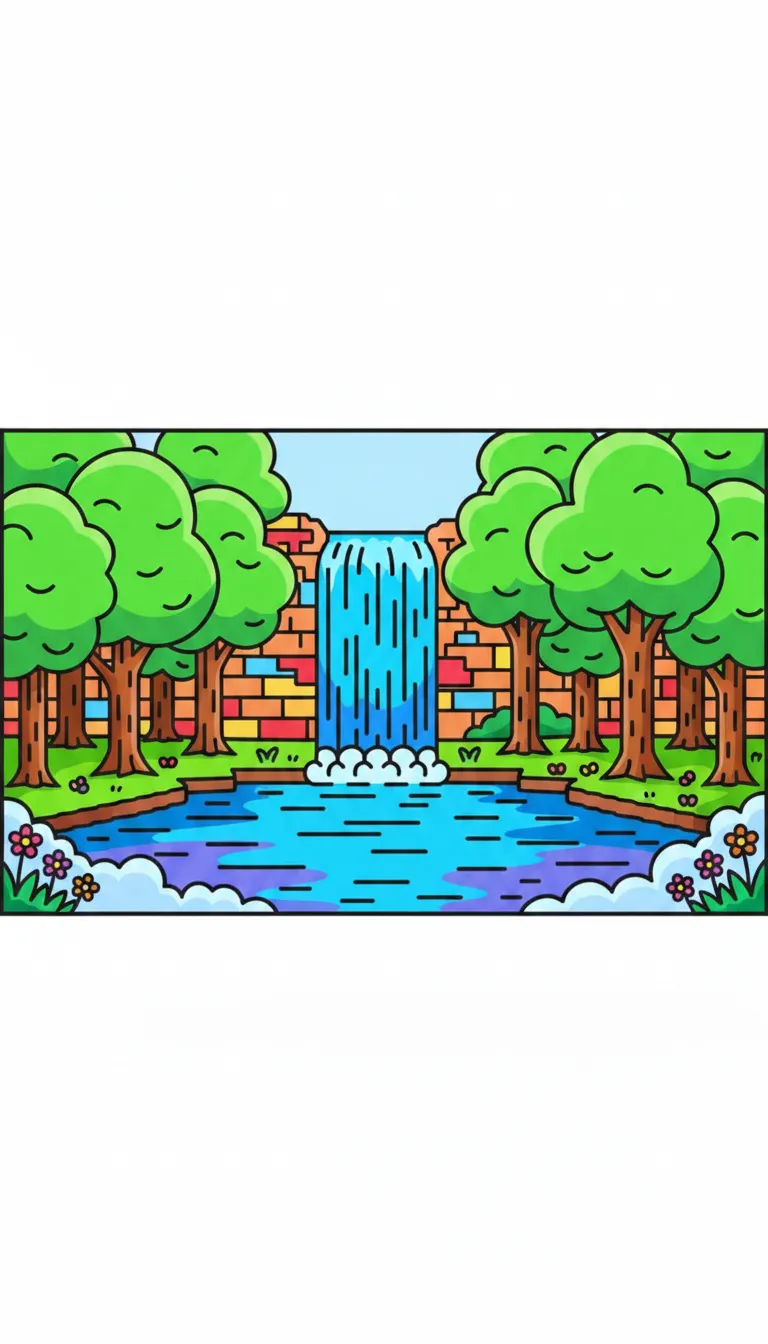 A beautiful waterfall flowing into a clear lake surrounded by trees. coloring page to print