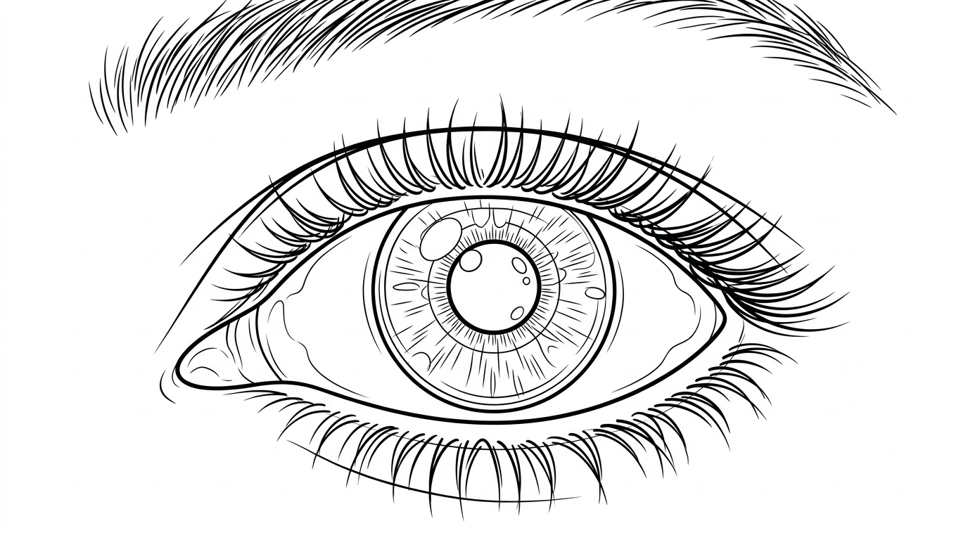 Human eye with iris, pupil, and eyelashes coloring page to print