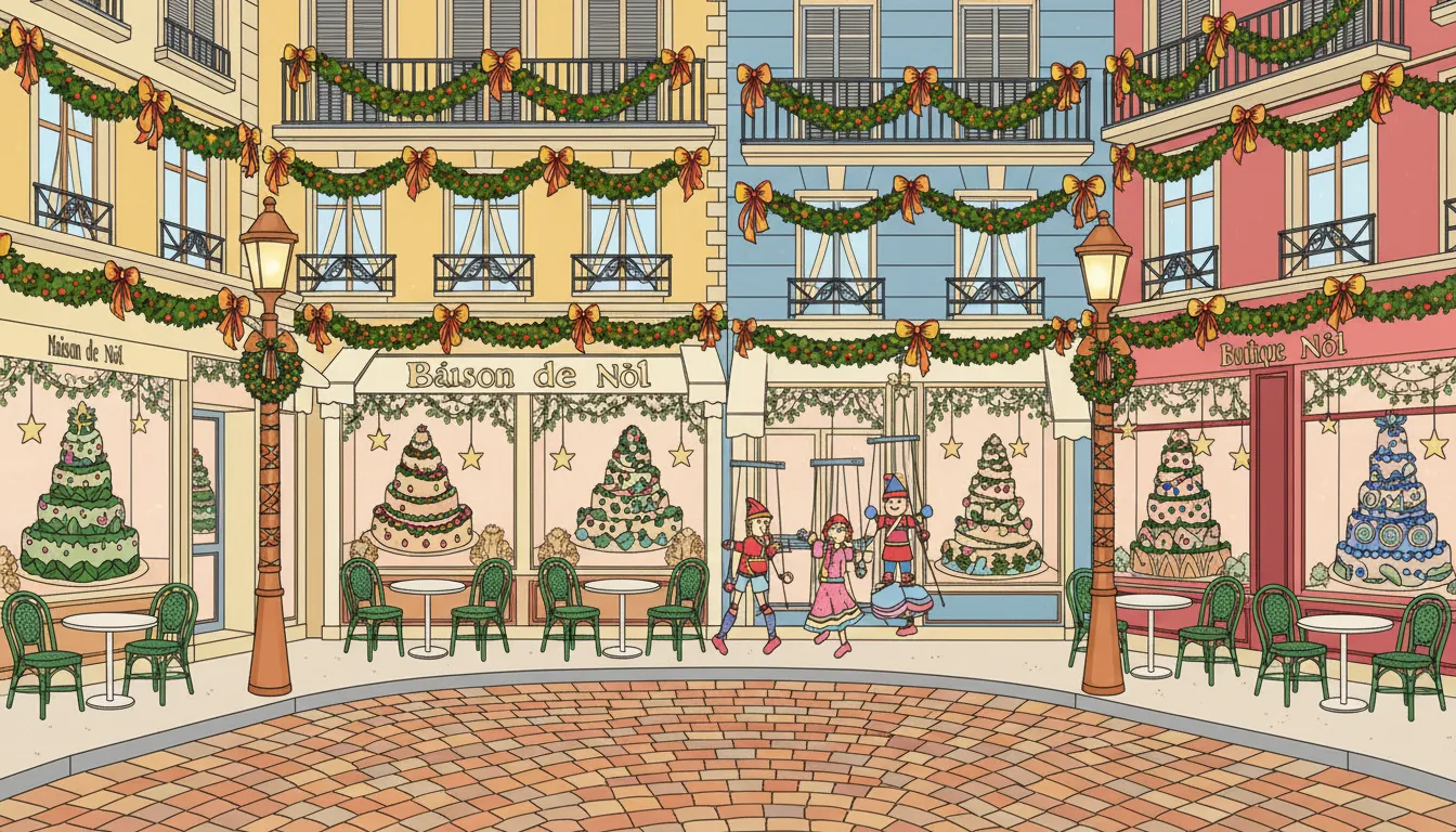 Christmas in Parisian boulevard with cafés and marionettes coloring page to print