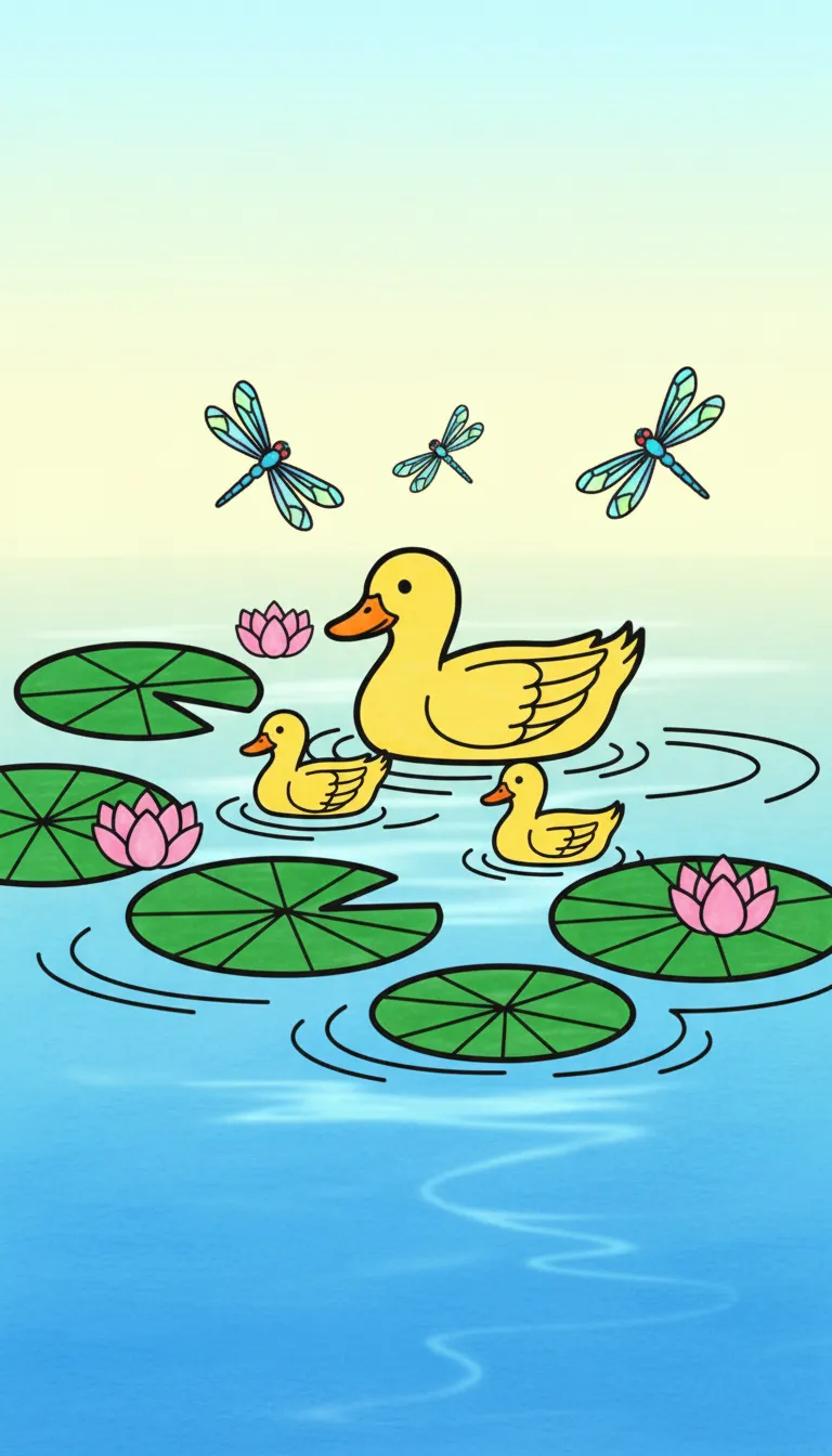 family of ducks in pond with lilies and dragonflies coloring page to print
