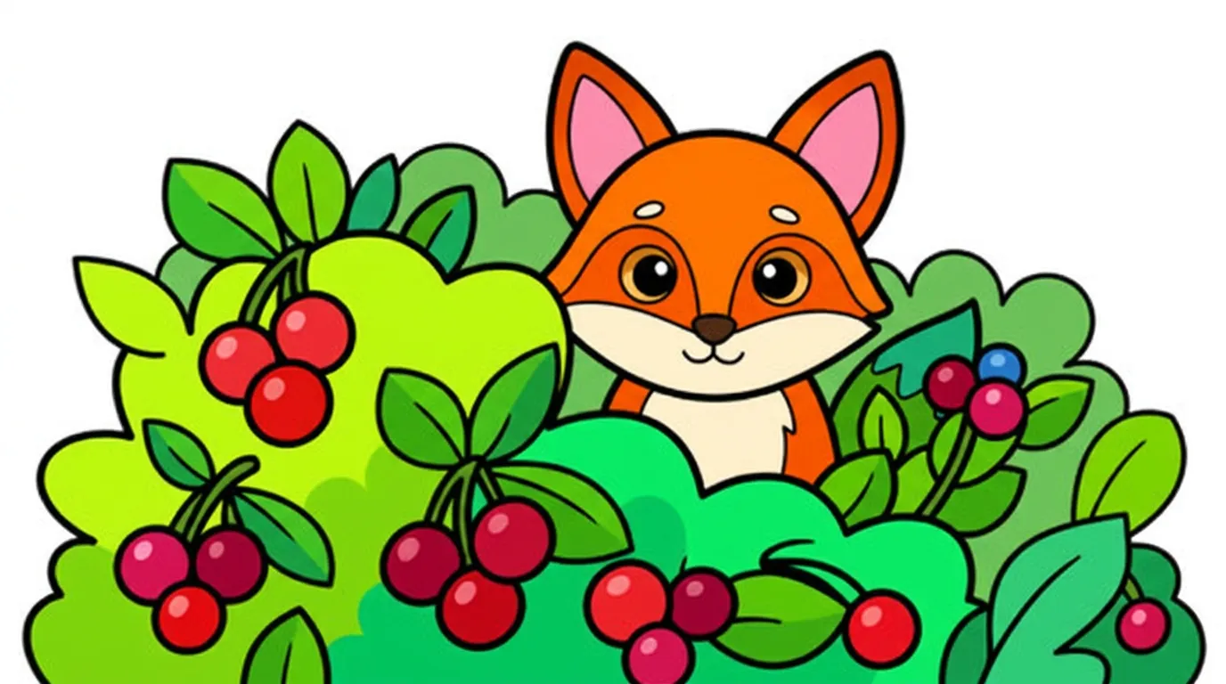 cute fox peeking behind berry bush coloring page to print