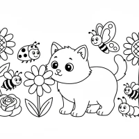 Curious kitten exploring garden with flowers and bugs