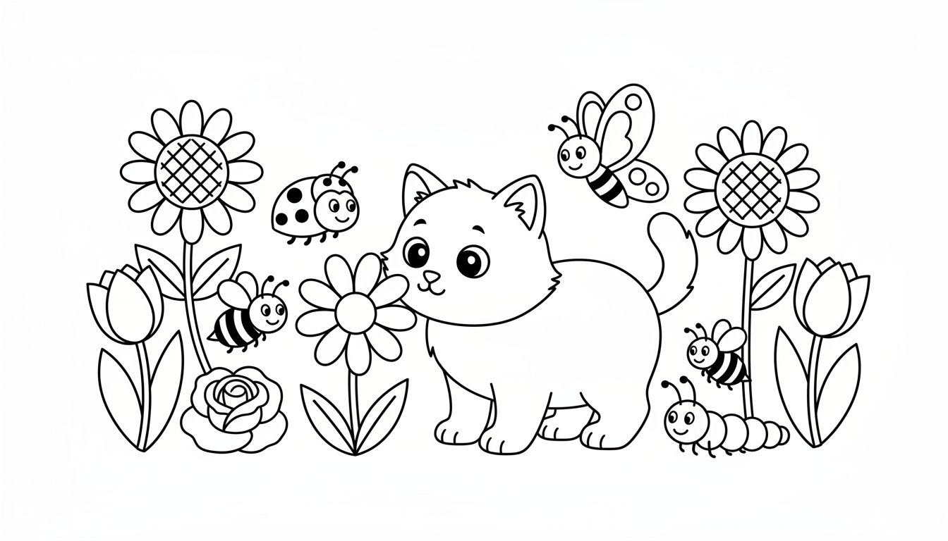 Curious kitten exploring garden with flowers and bugs coloring page to print