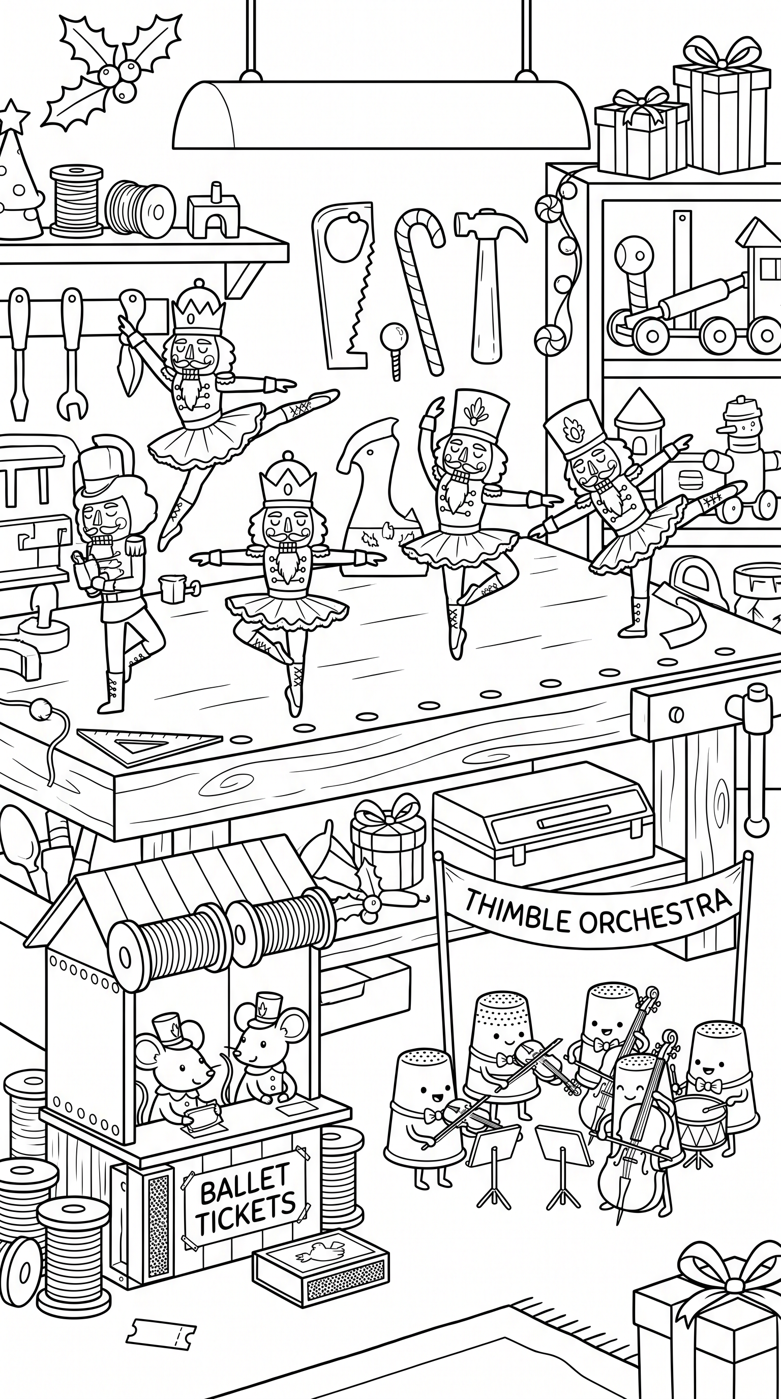 Funny Christmas nutcracker ballet scene coloring page to print
