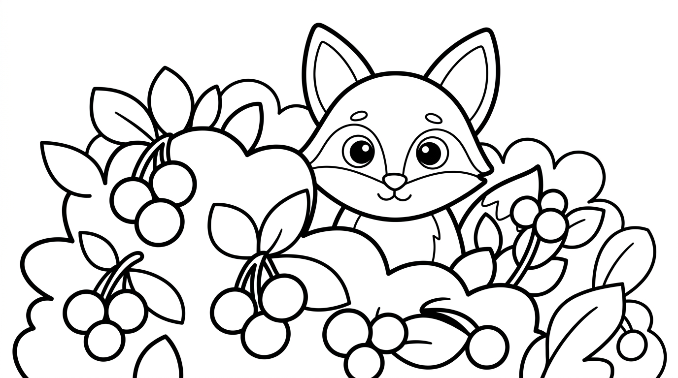 cute fox peeking behind berry bush coloring page to print